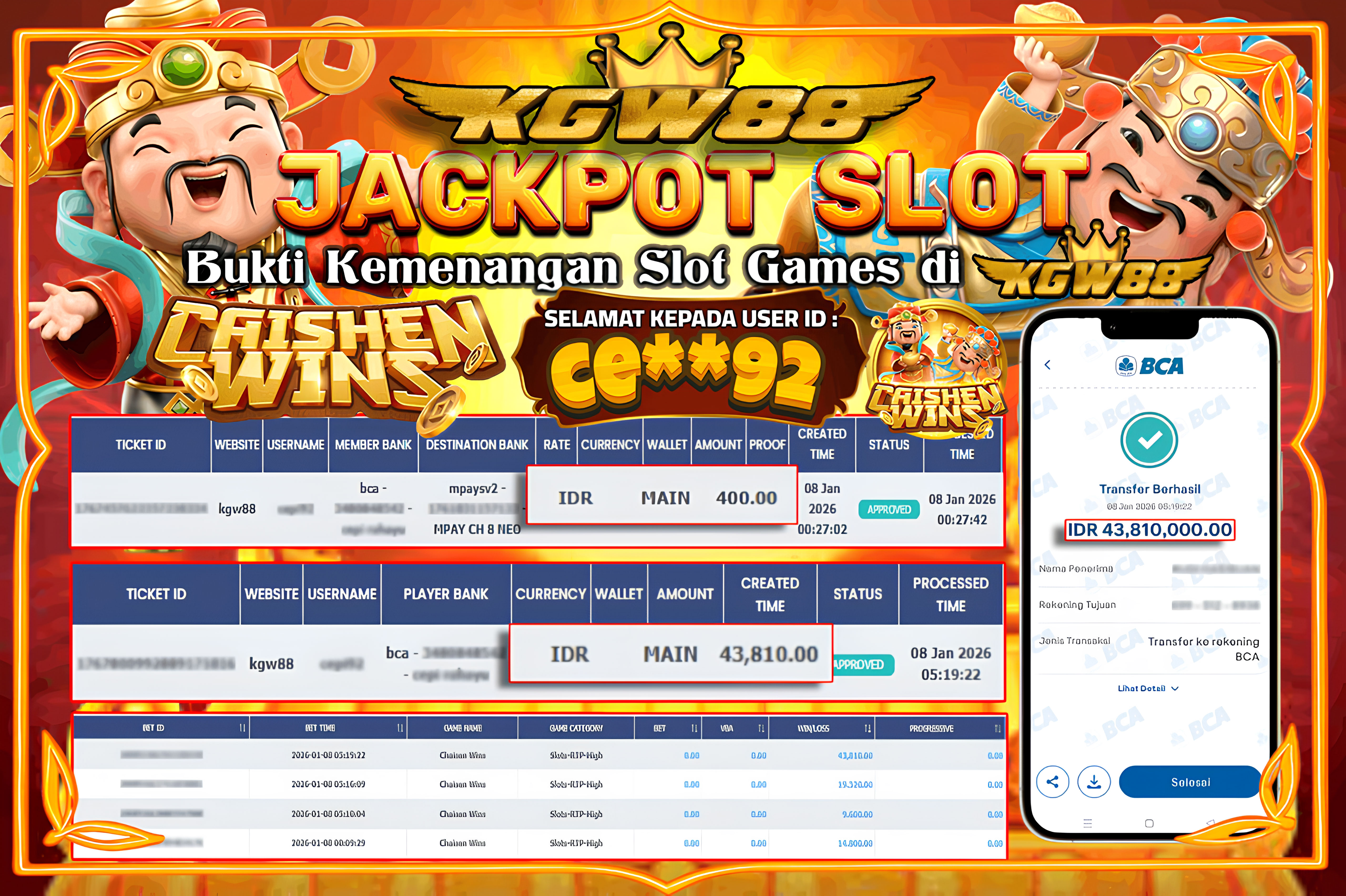 KGW88 JACKPOT CHAISEN WINS Rp.43.810.000,- LUNAS