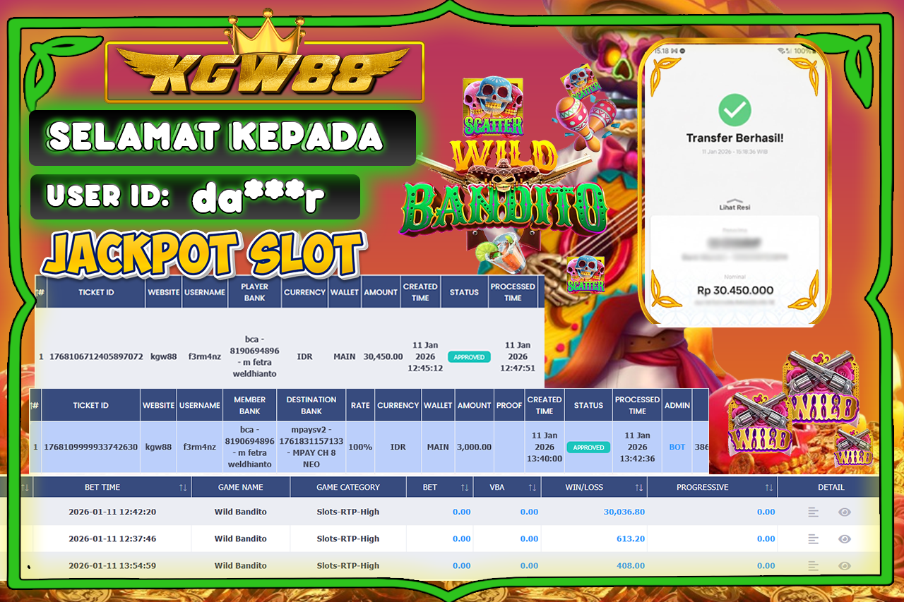 KGW88 JACKPOT WILD BANDITO Rp.30.450.000,- LUNAS
