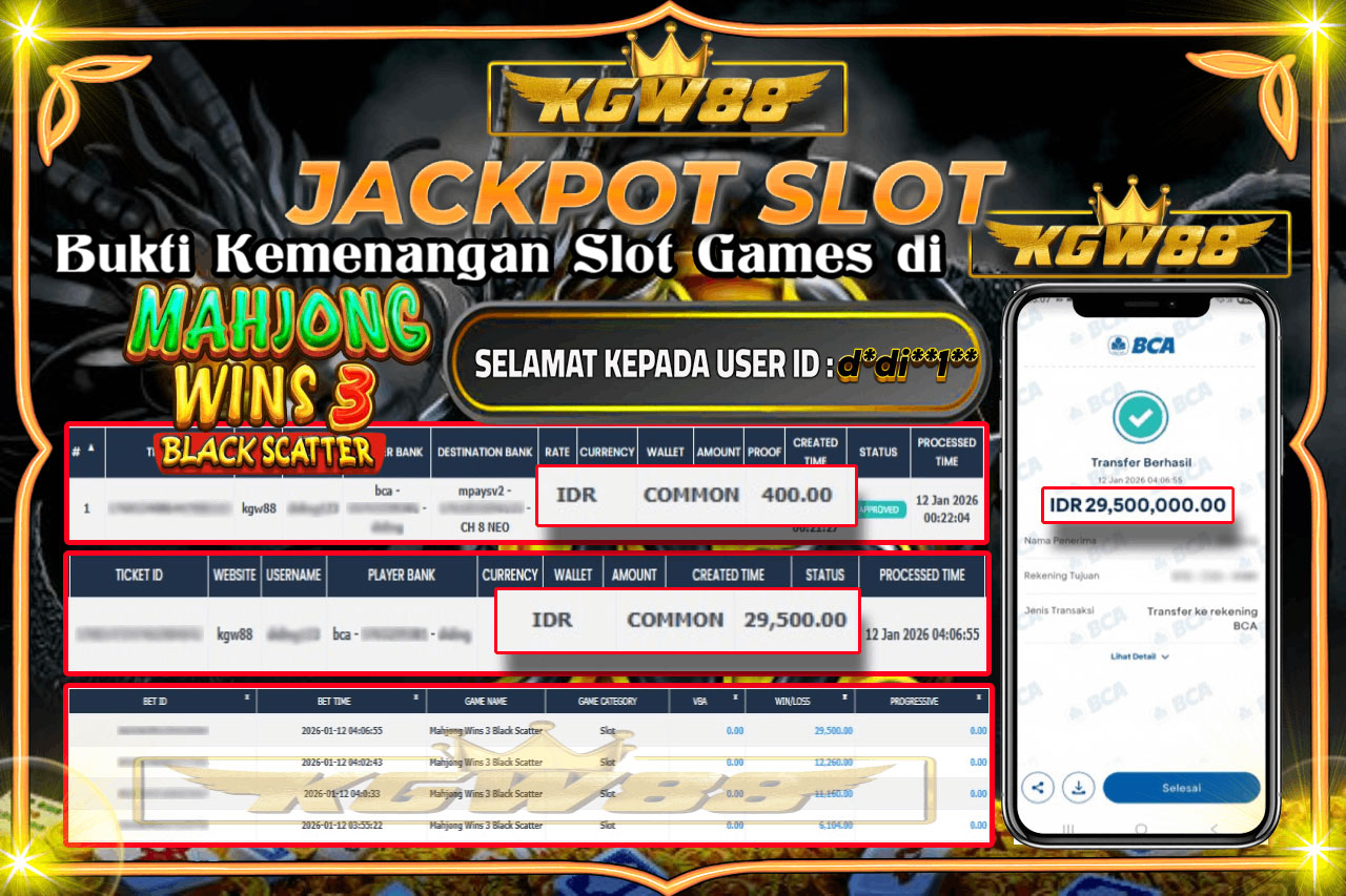 KGW88 JACKPOT MAHJONG WINS 3 BLACK SCATTER  Rp.29.500.000,- LUNAS