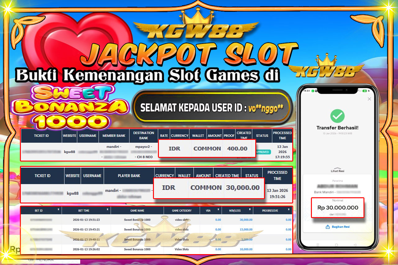 KGW88 JACKPOT SWEET BONANZA 1000 Rp.30.000.000,- LUNAS
