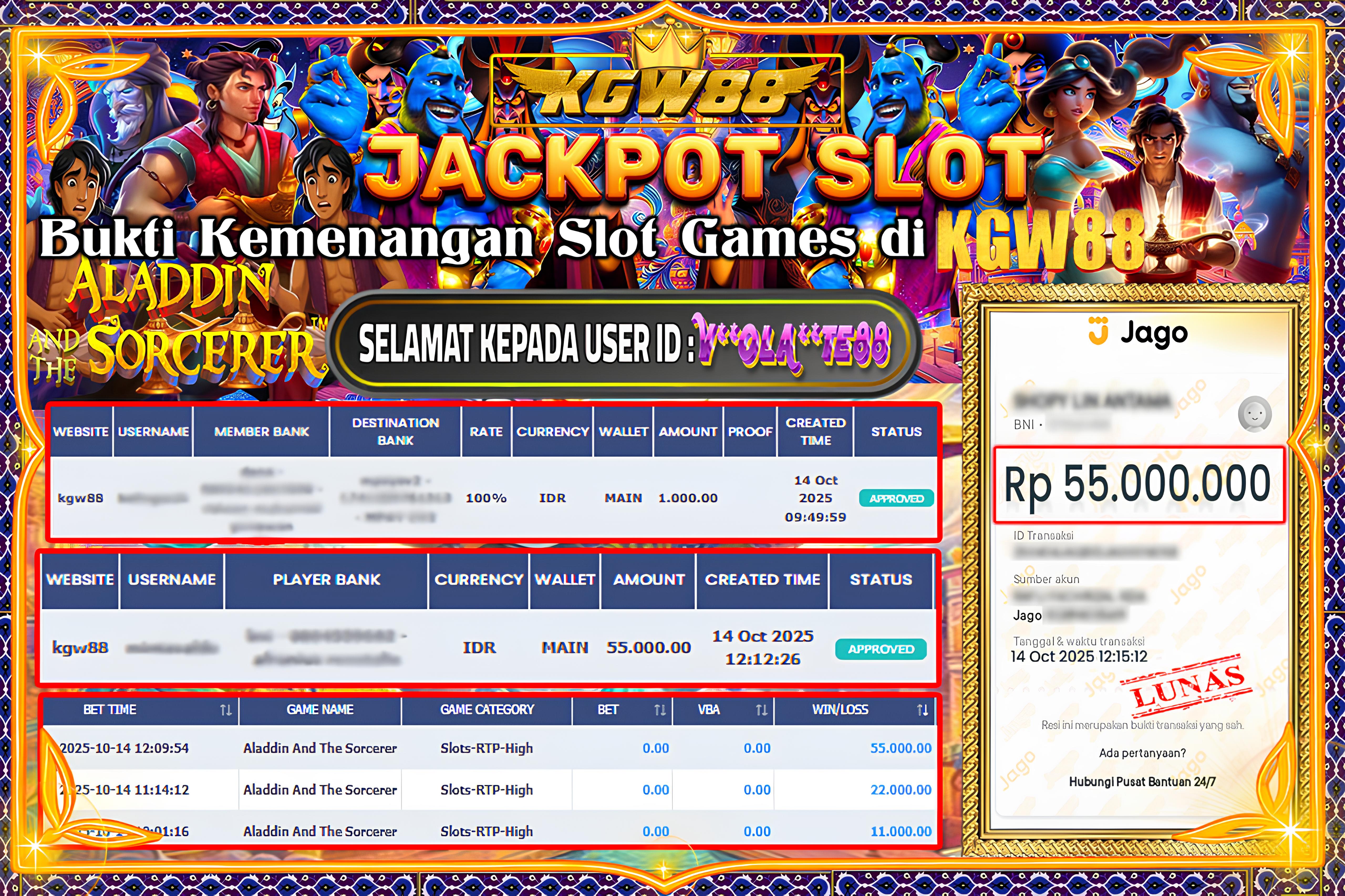 KGW88 JACKPOT Aladdin And The Sorcerer Rp.55.000.000,- LUNAS